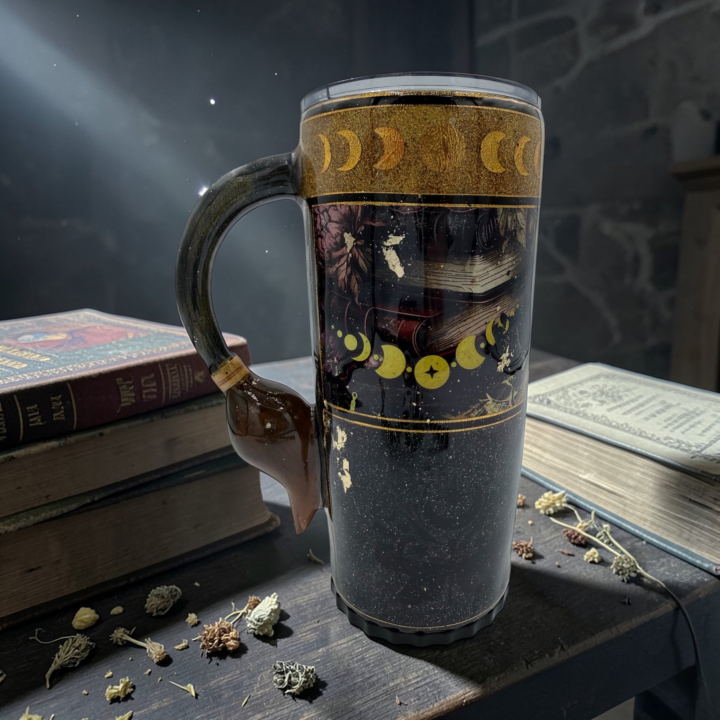 20oz Witch Broom Handle Tumbler with Hidden Straw | Gold Accent Spooky Travel Mug
