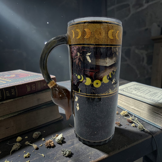 20oz Witch Broom Handle Tumbler with Hidden Straw | Gold Accent Spooky Travel Mug
