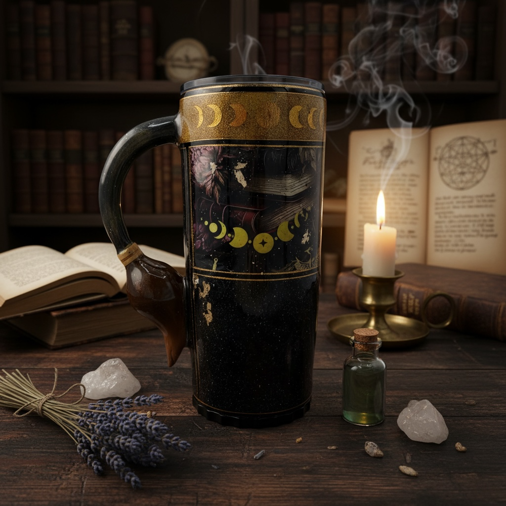 20oz Witch Broom Handle Tumbler with Hidden Straw | Gold Accent Spooky Travel Mug